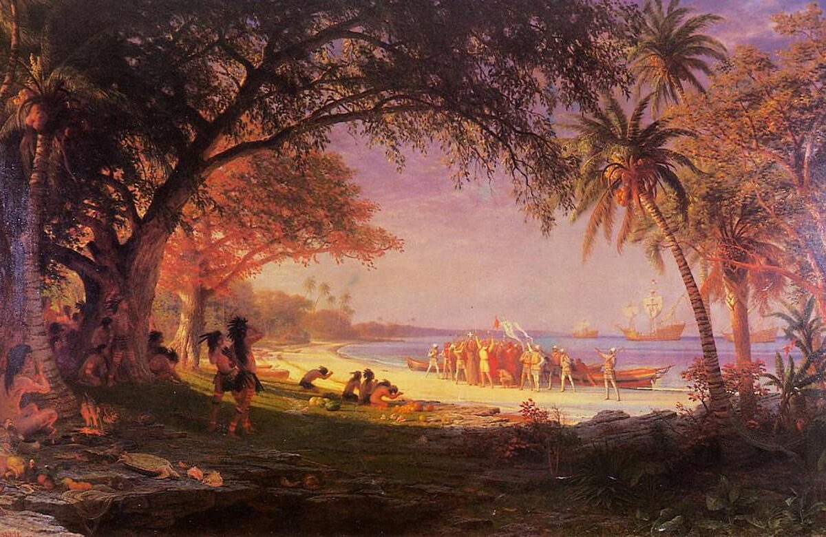 Columbus' Arrival in America in a painting by Albert Bierstadt (1893)