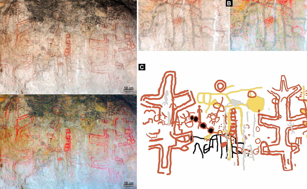 Original photograph and Dstretch digital enlargement of the complete rock art panel. (B) Original photograph and Dstretch digital enhancement of the dated black comb motif. (C) Digital tracing of the complete rock art panel showing the dated black comb motif underlying a series of overlays