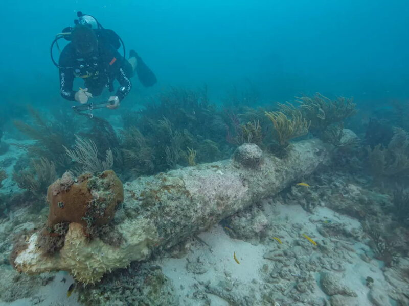 An NPS diver documents one of five coral-encrusted canyons found during a recent archaeological survey in Dry Tortugas National Park