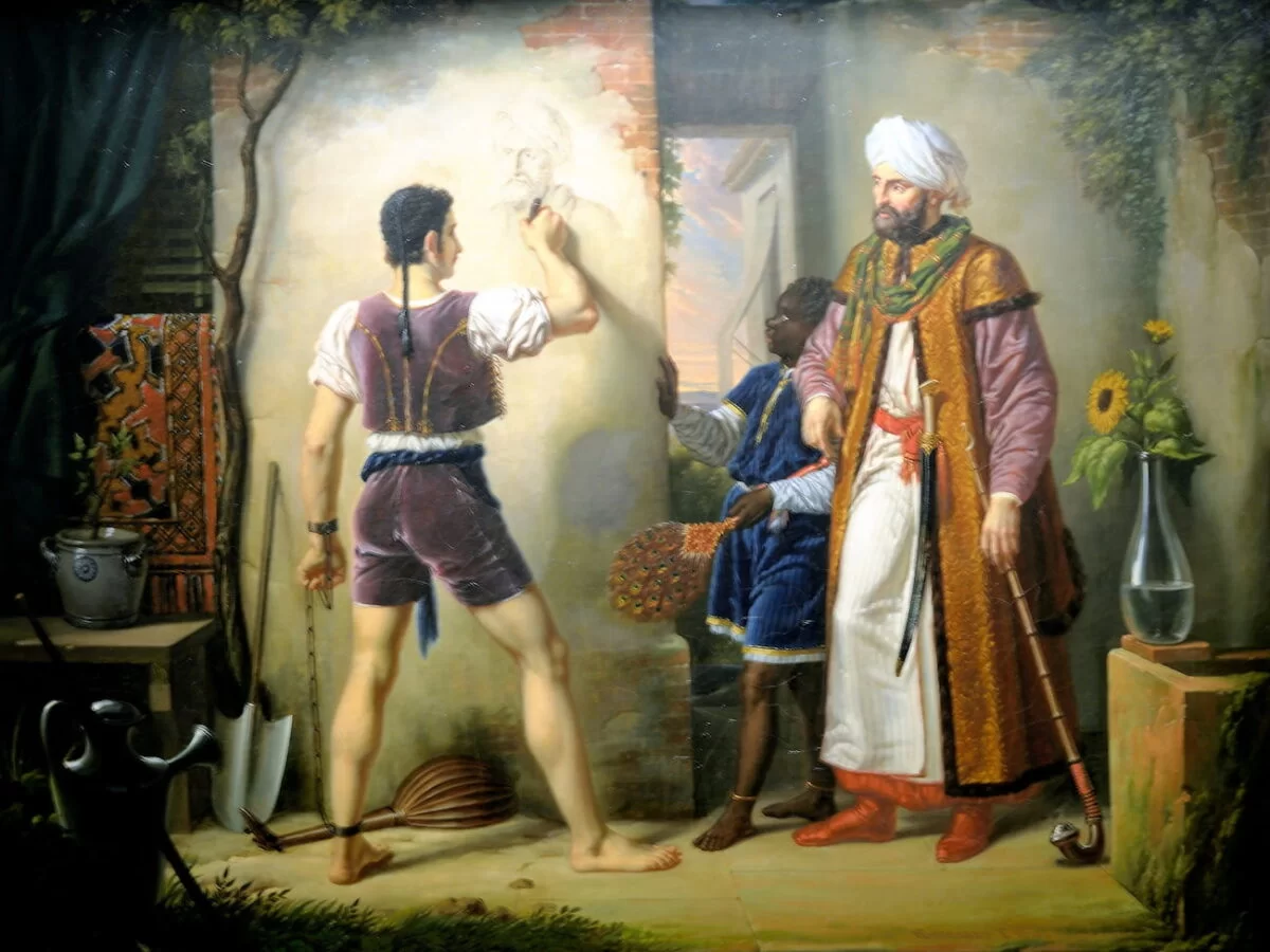 Filippo Lippi, esclave à Alger, traçant sur le mur le portrait de son maître, painting by Pierre-Nolasque Bergeret (1819)