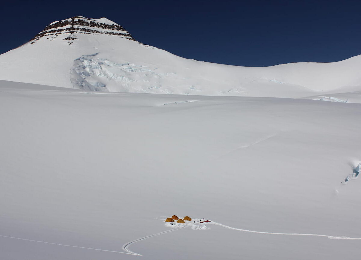 The Gunnbjorn in May 2011. At the bottom is the camp of the Russian-British expedition