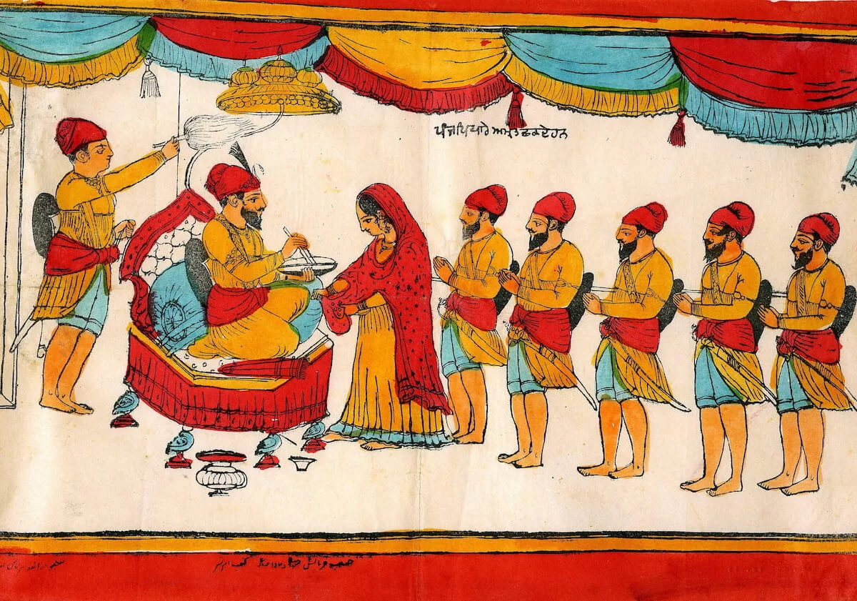 Gobind Singh preparing amrit for his five chosen ones