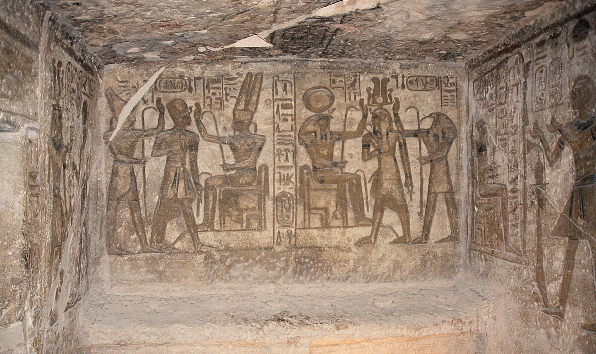 Wall decorated with hieroglyphs in one of the chambers of the temple of Ramesses II at Abu Simbel, Egypt.