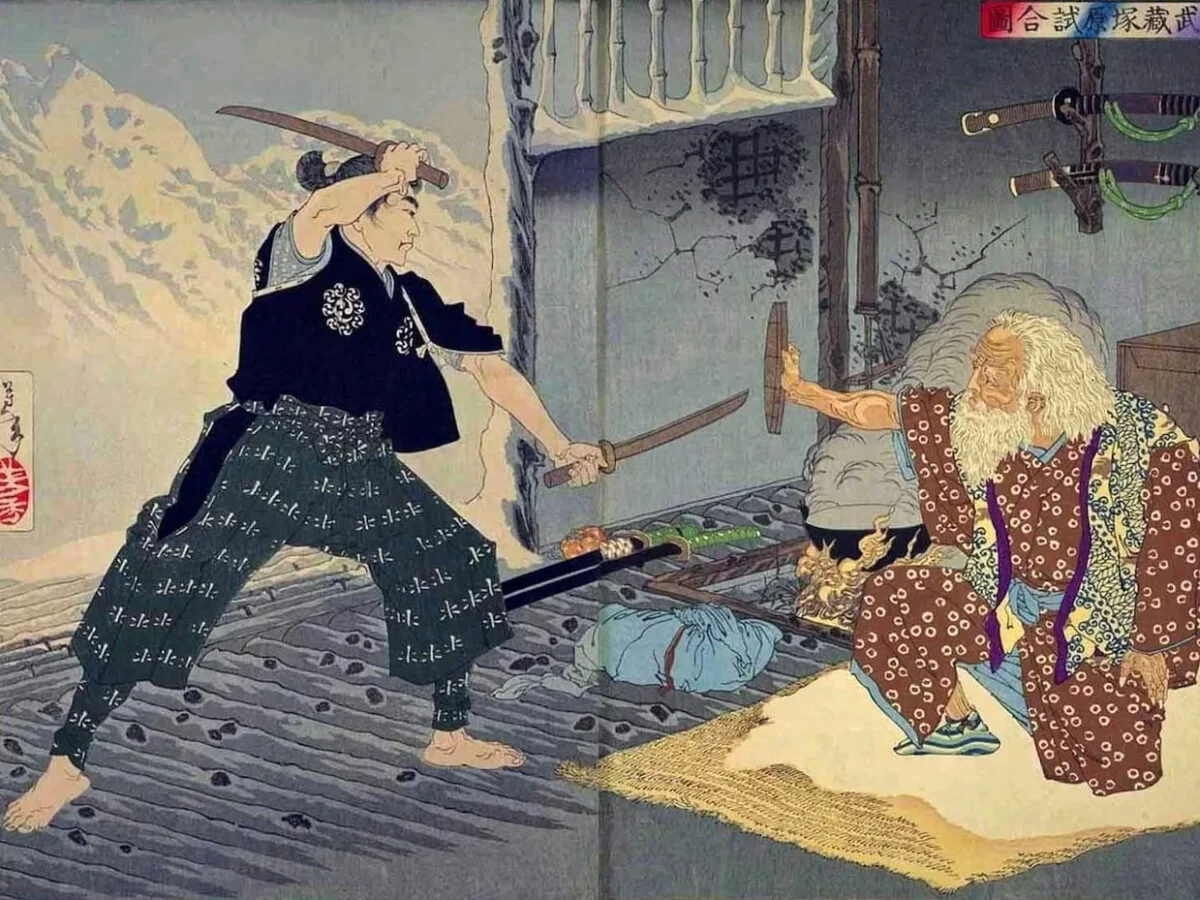 Nineteenth-century illustration showing Miyamoto Musashi, author of the Book of Five Rings, fighting with wooden swords against the famous kensei (master swordsman) Tsukahara Bokuden. They never actually met