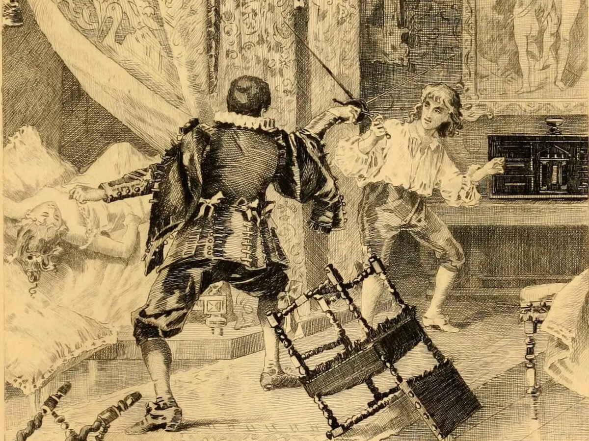 The character in a duel. Nineteenth century engraving for Gautier's novel.