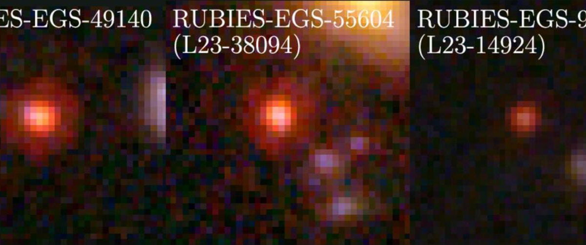 Researchers investigated three mysterious objects in the early universe. Shown here are their color images, composited from three NIRCam filter bands onboard the James Webb Space Telescope. They are remarkably compact at red wavelengths (earning them the term “little red dots”) with some evidence for spatial structure at blue wavelengths