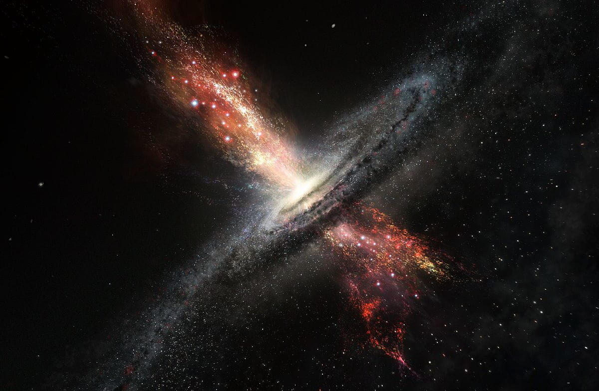 Artist's impression of a galaxy forming stars inside powerful streams of material ejected by supermassive black holes in its core.