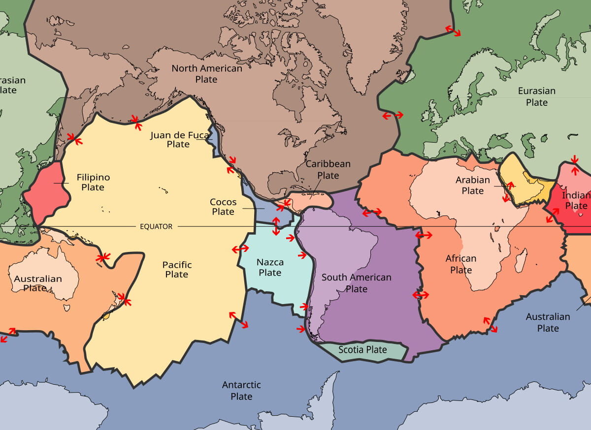 Map showing the location and movement of the tectonic plates in the earth's crust