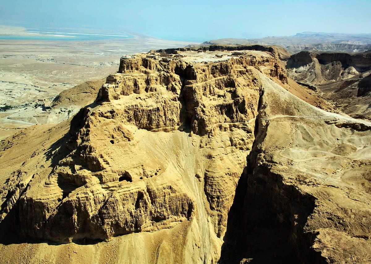 The fortress of Masada with the earthen ramp built by the Romans to storm it, on the right.