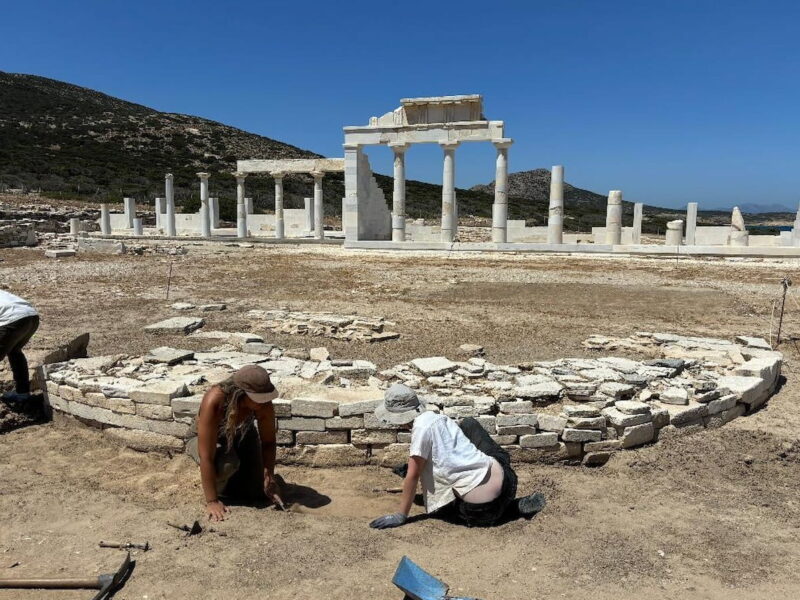 The restored temple and the ritual dining room of the sanctuary and to the east of them the semicircular altar.