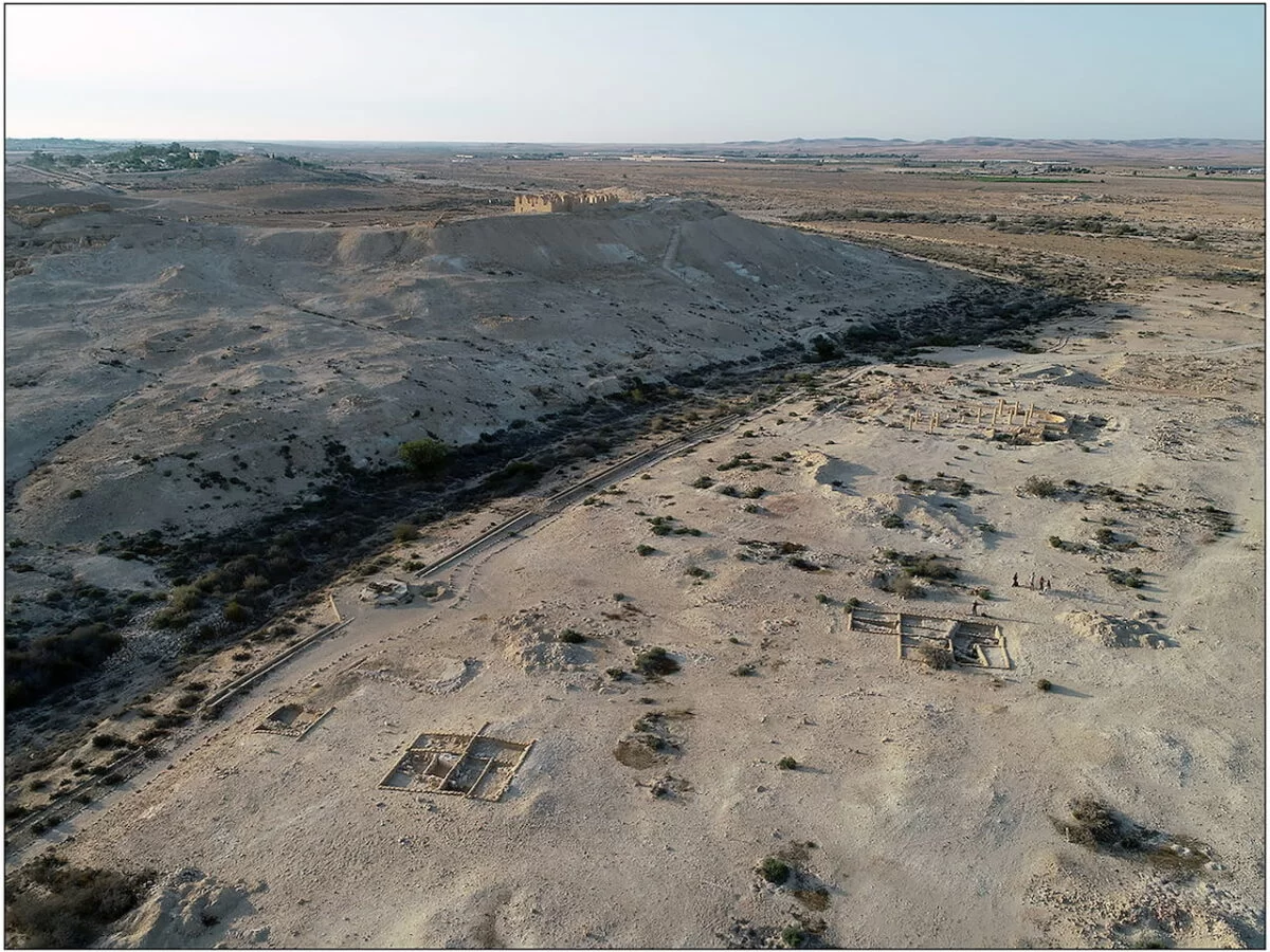 Aerial view of ancient Nessana showing excavation areas