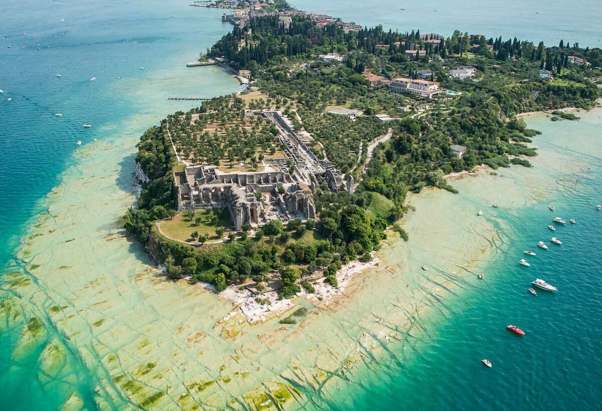 Aerial view of the Roman villa Grotte di Catullo, at the edge of the town of Sirmione.